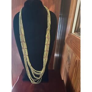 Vintage Green Gold Glass Seed Bead Multistrand Statement Necklace Chunky Boho